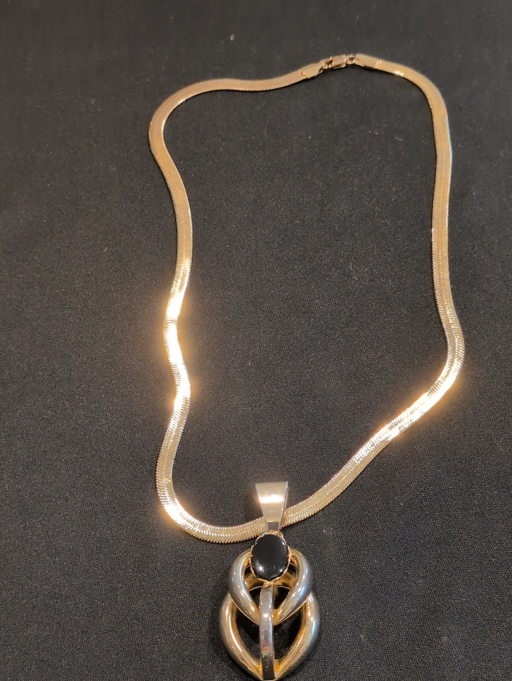 Gold & Silver Tone Women's Pendant Necklace 11.5" with Black Stone